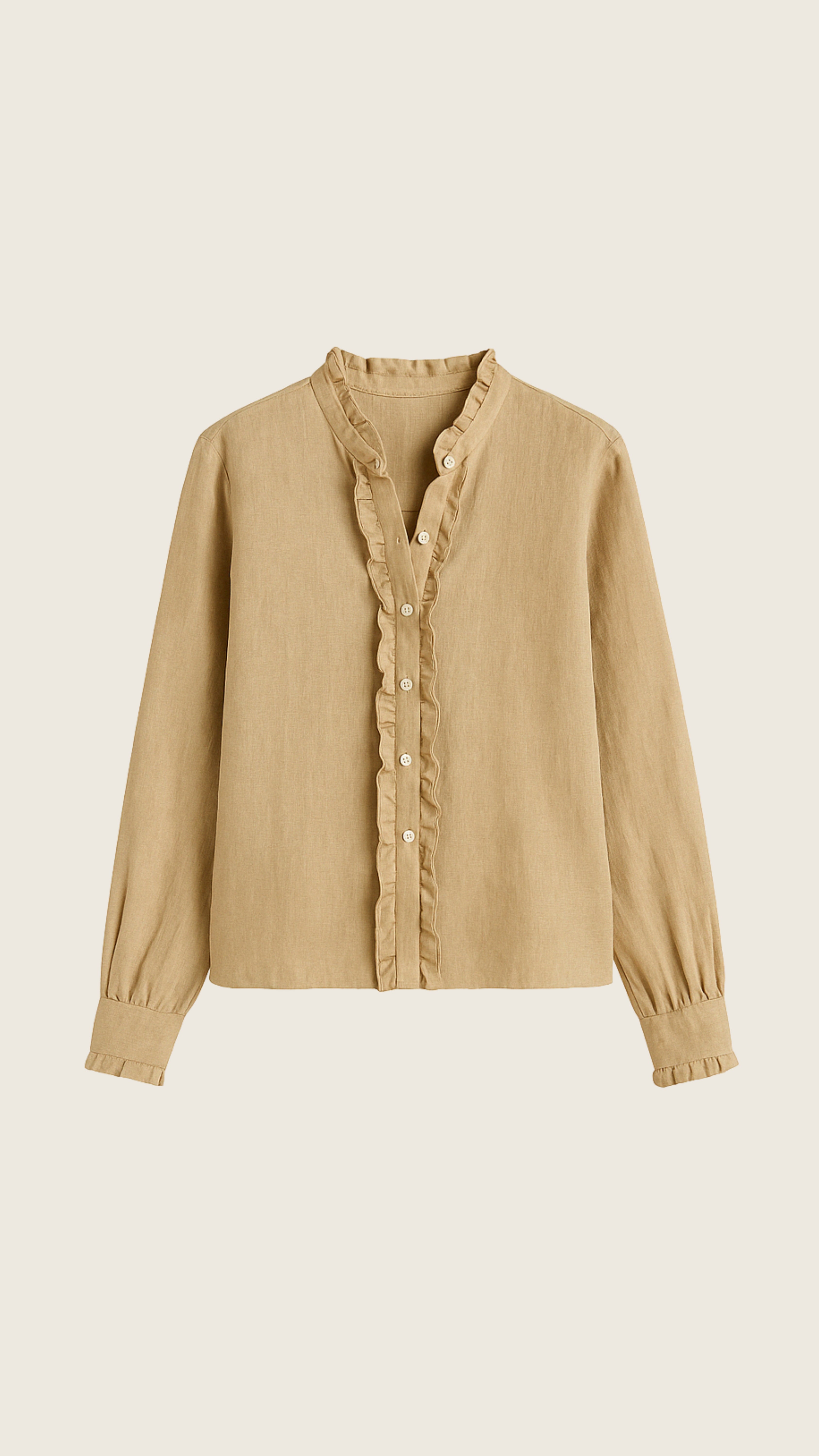 Camisa Feminina Ângela de Linho Puro · Manga Longa com Babados | Baddu