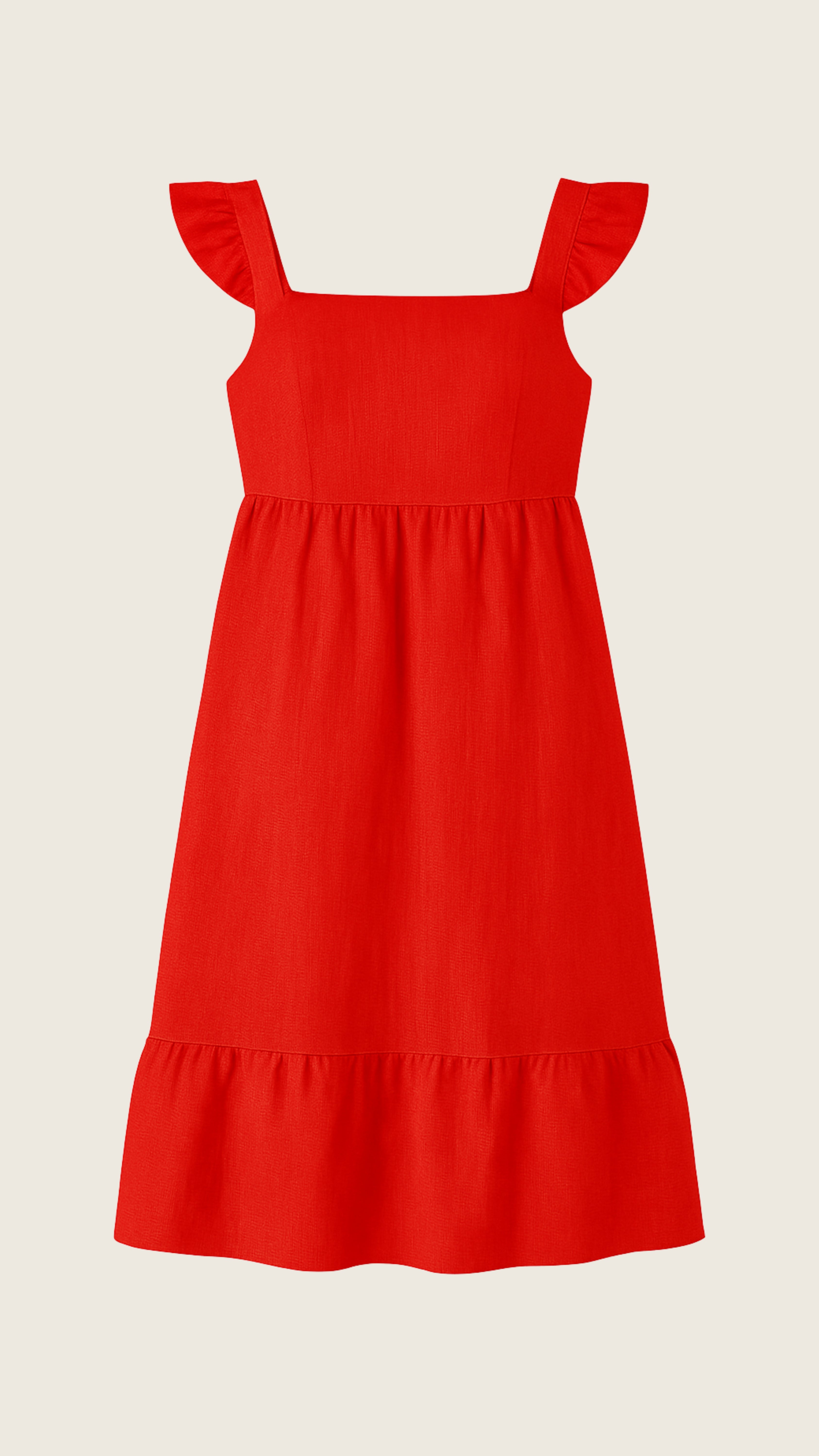 Vestido Midi Feminino Luiza de Linho Puro · Decote Quadrado e Babados | Baddu