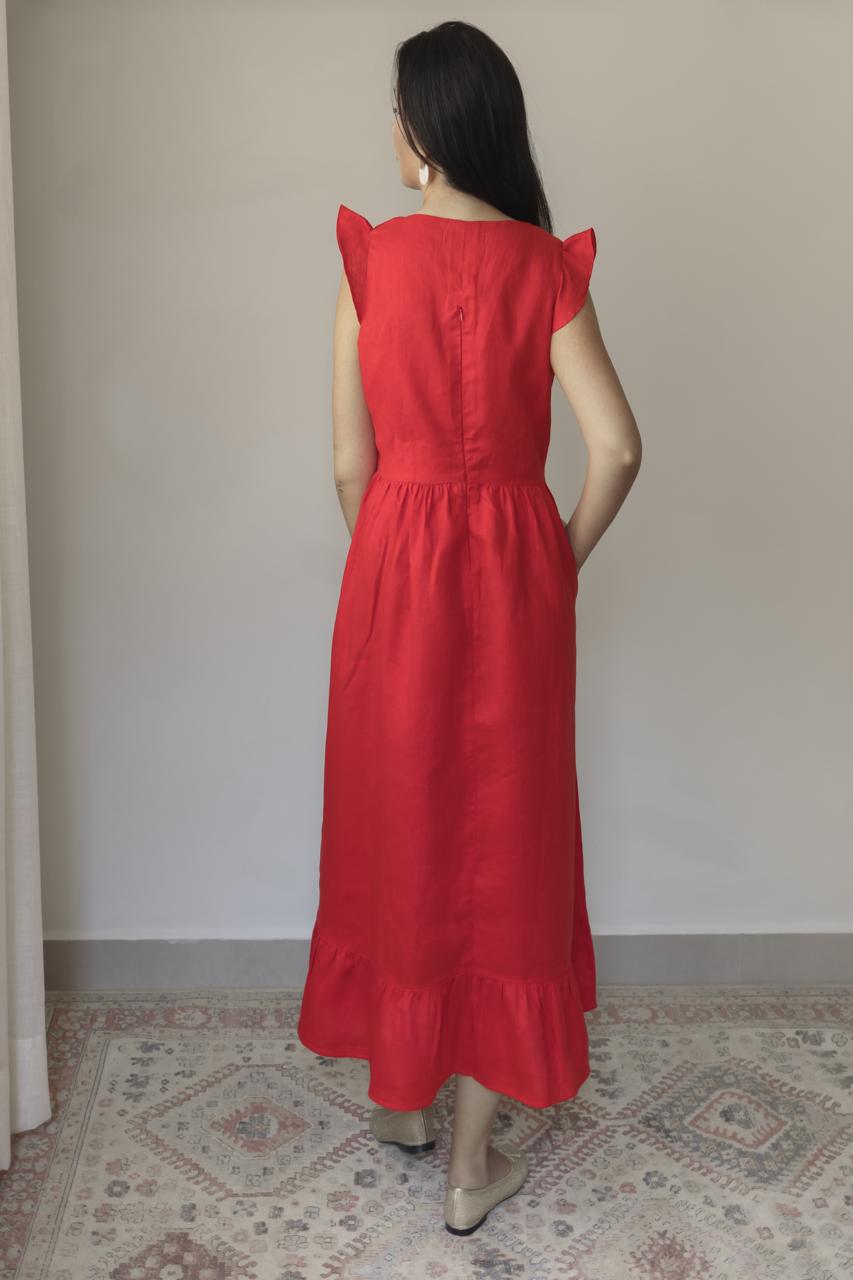 Vestido Luiza 100% Linho Vermelho Cereja