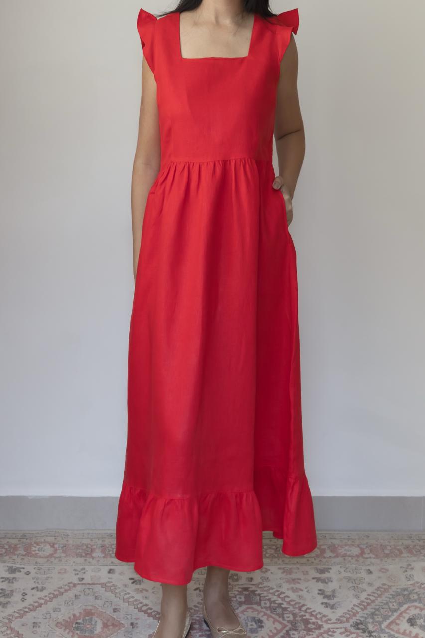 Vestido Luiza 100% Linho Vermelho Cereja