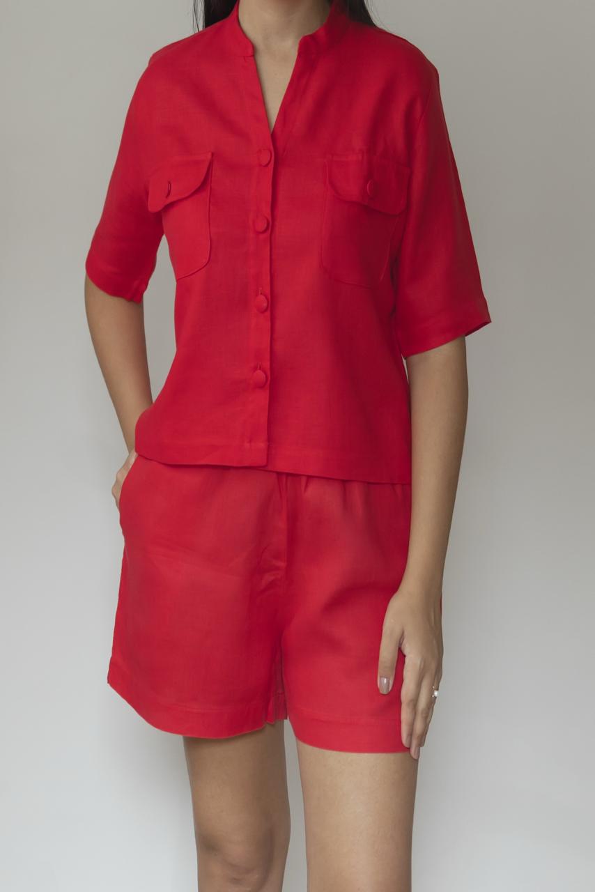 Conjunto Dina 100% Linho Vermelho Cereja