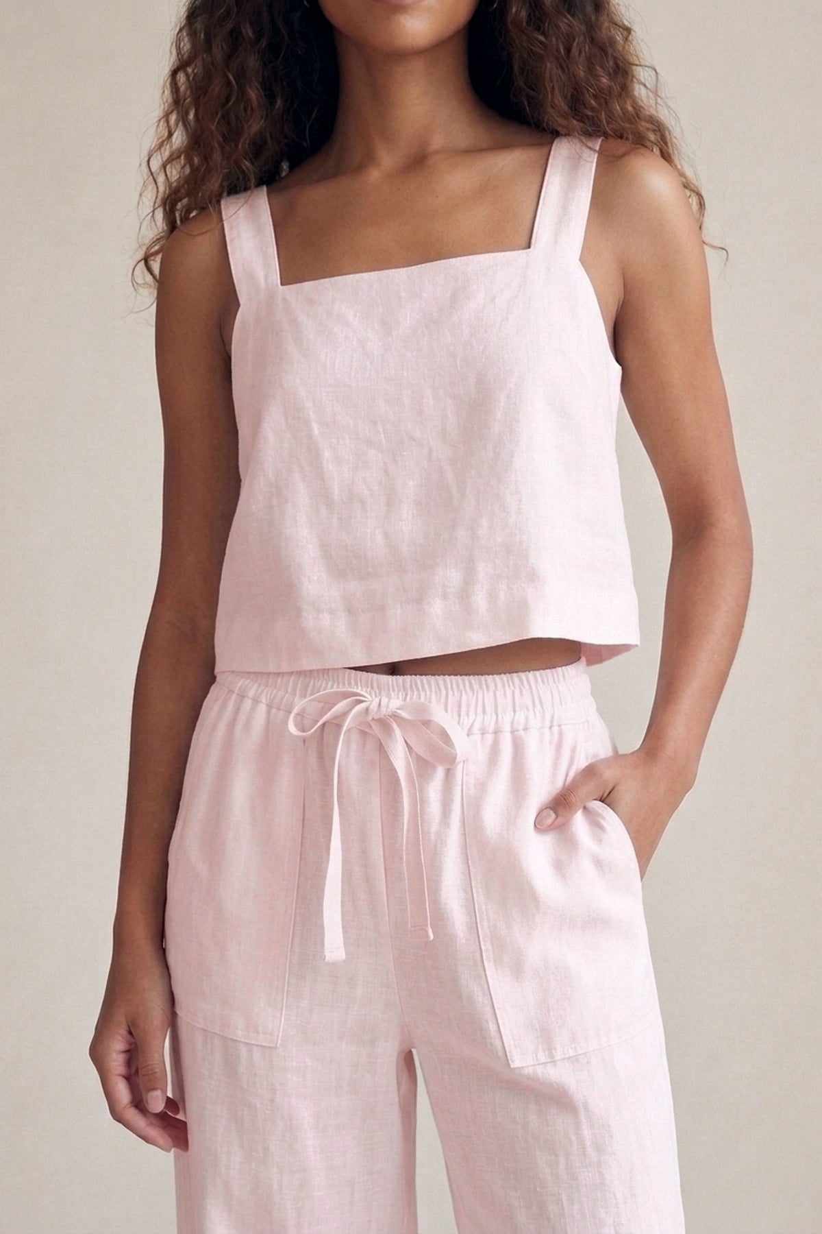 Calça Sandra Linho Puro Rosa Bebê — Detalhe