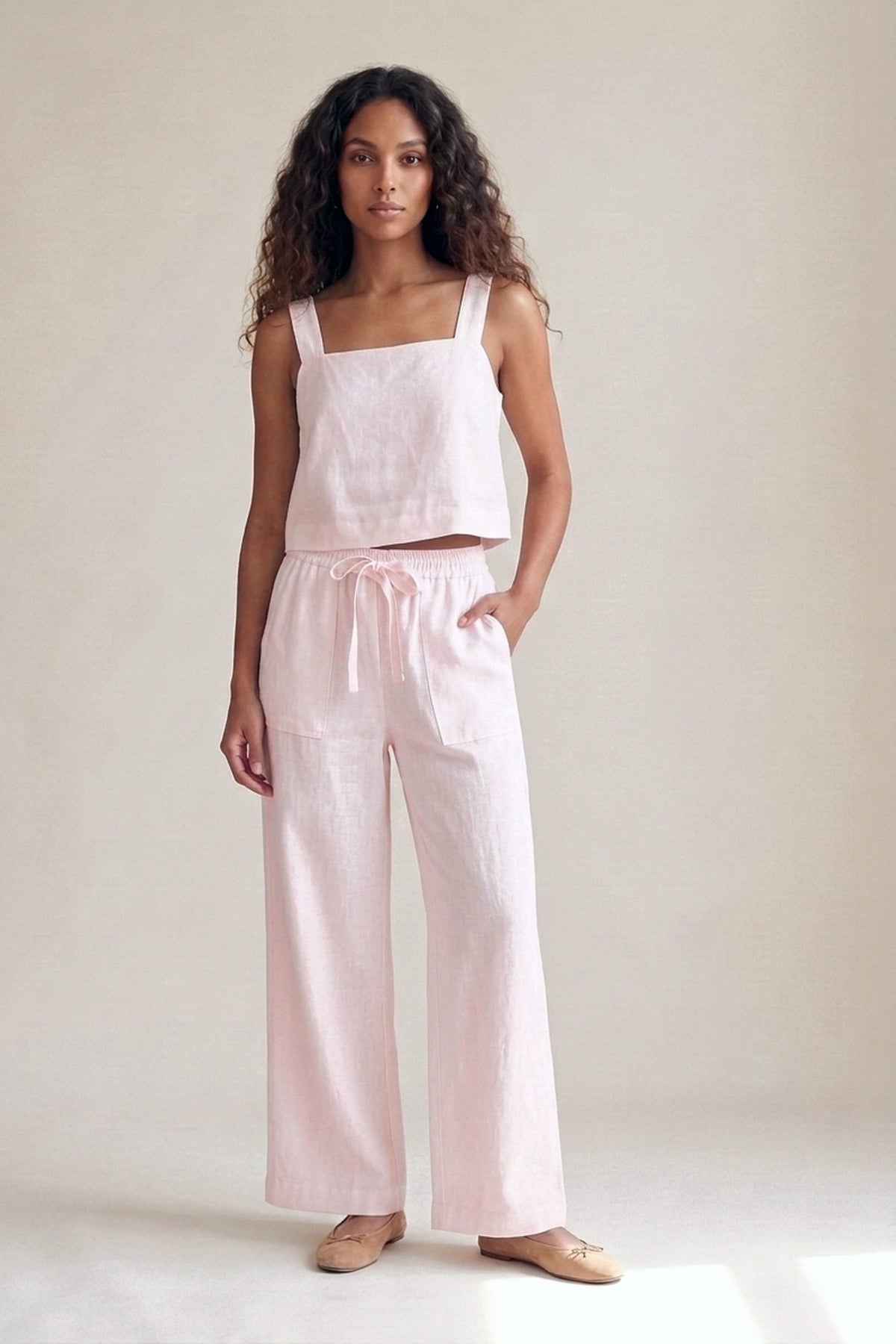 Calça Sandra Linho Puro Rosa Bebê — Frente