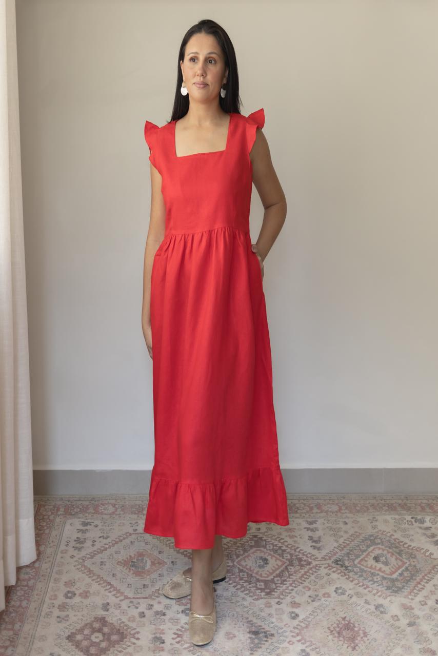 Vestido Luiza 100% Linho Vermelho Cereja