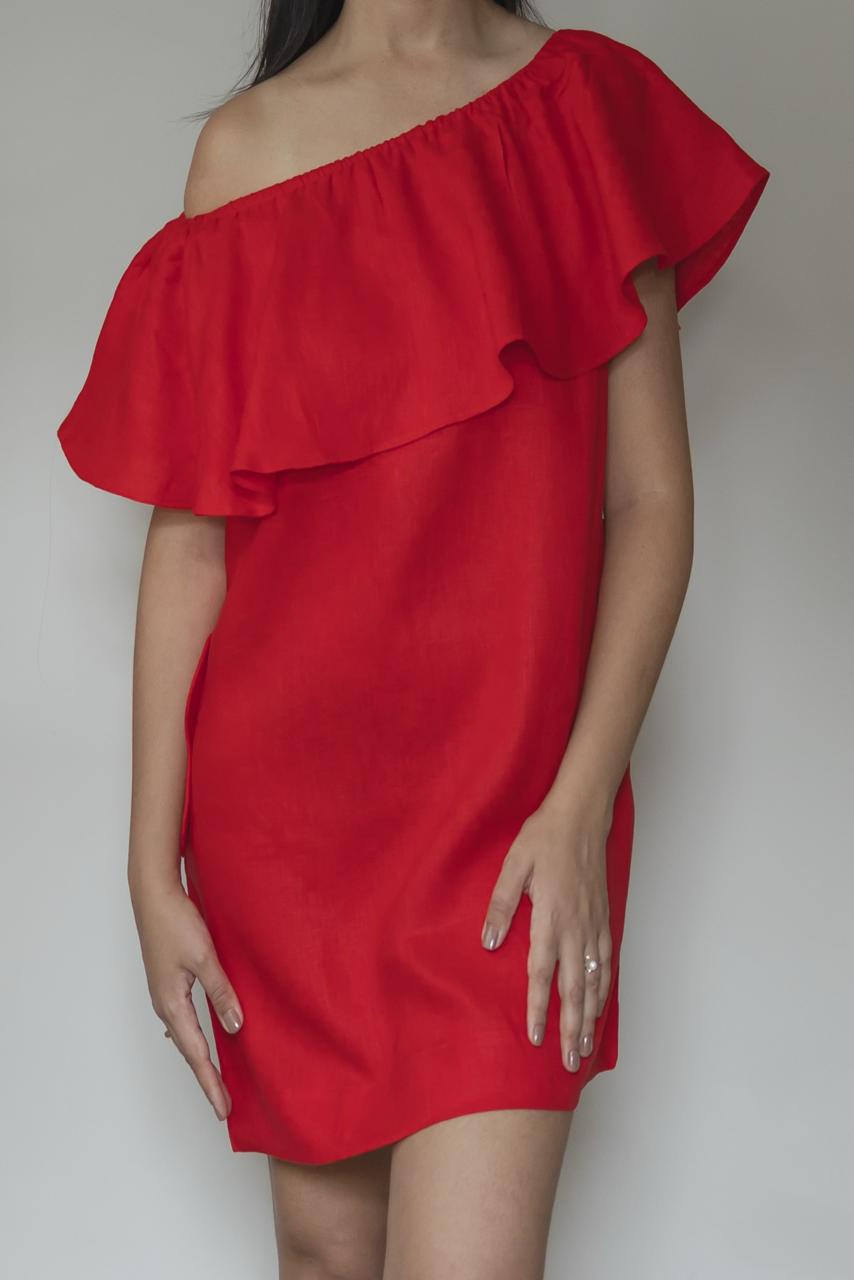 Vestido Leny 100% Linho Vermelho Cereja