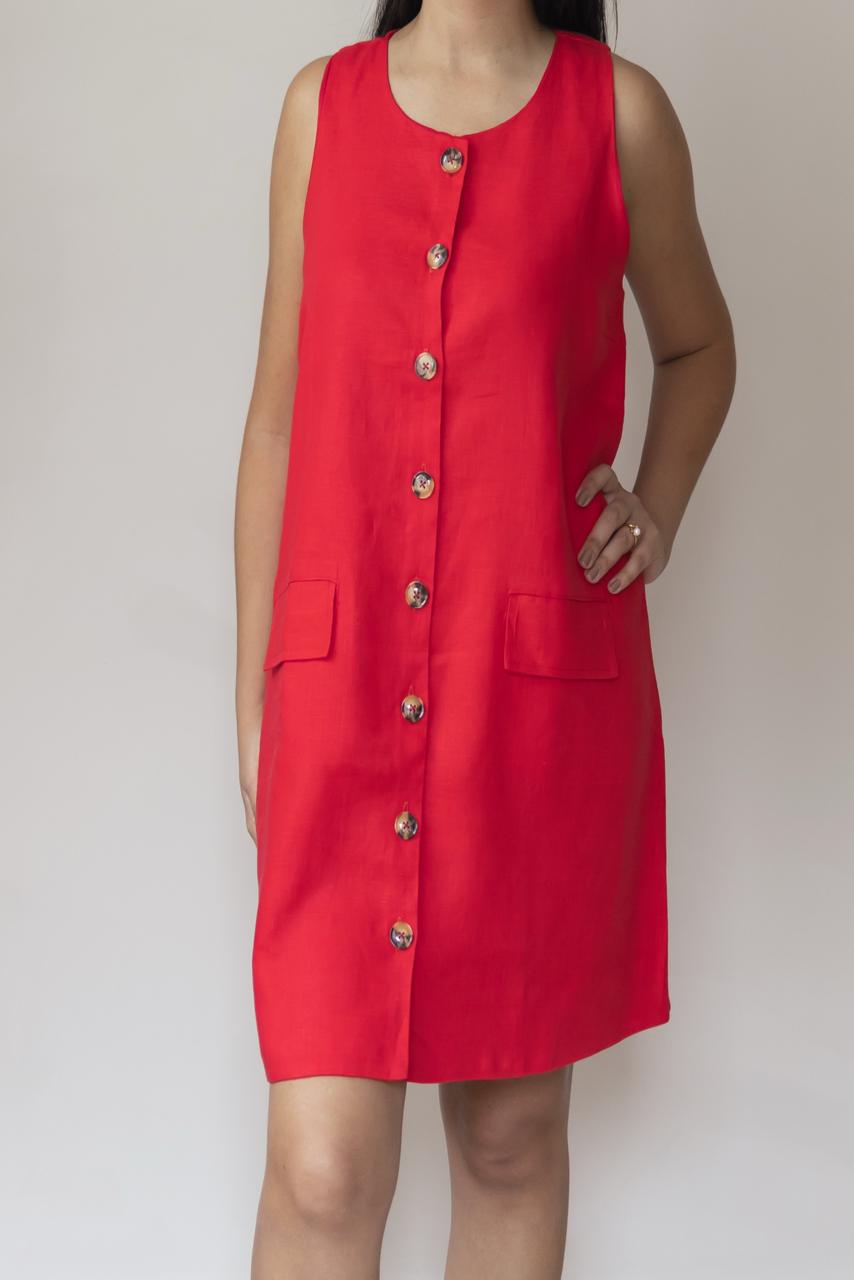 Vestido Dora 100% Linho Vermelho Cereja