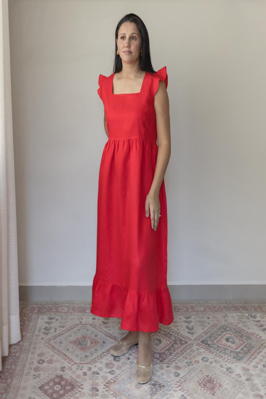 Vestido Luiza 100% Linho Vermelho Cereja