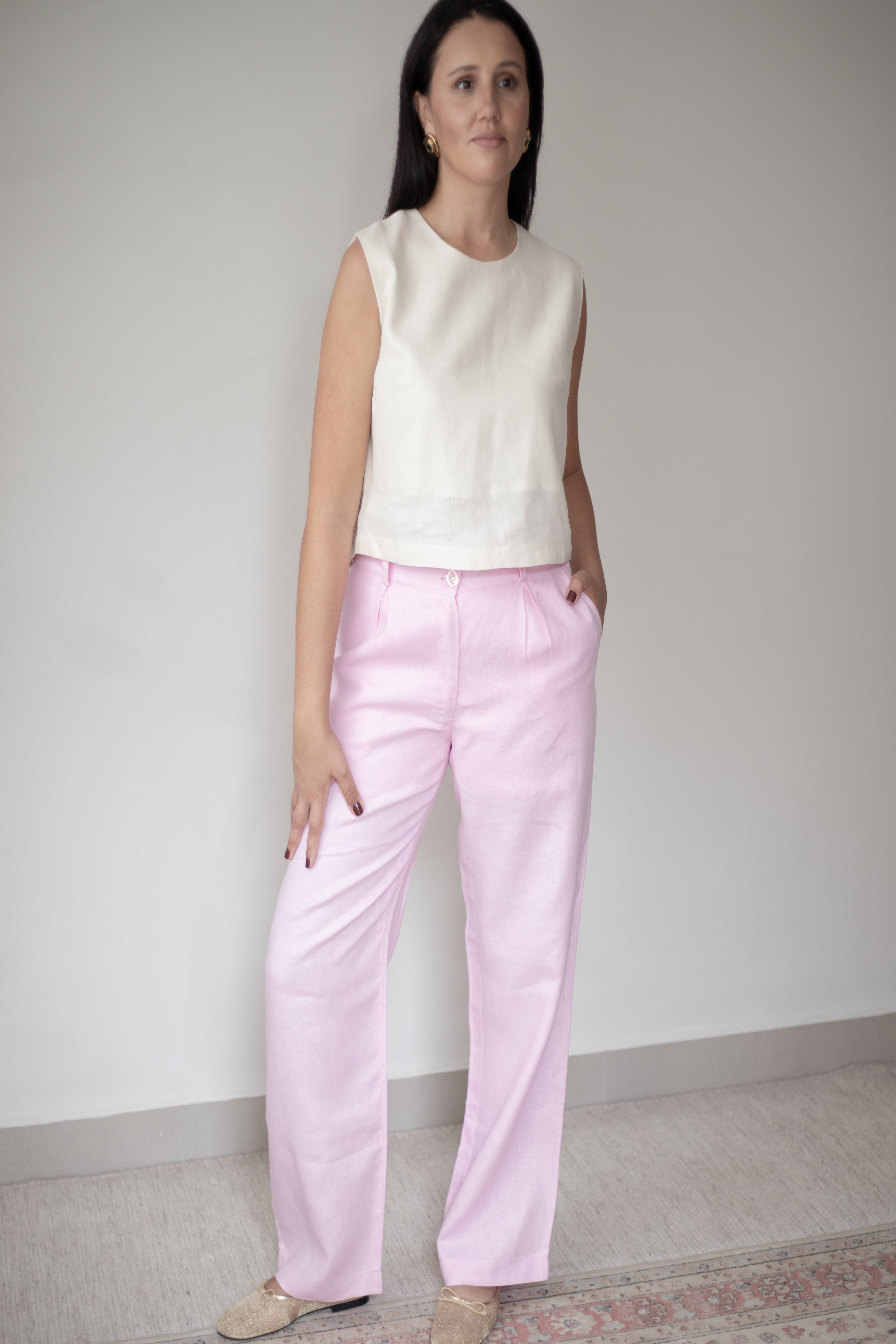 Calça Vera 100% Linho Rosa Bailarina