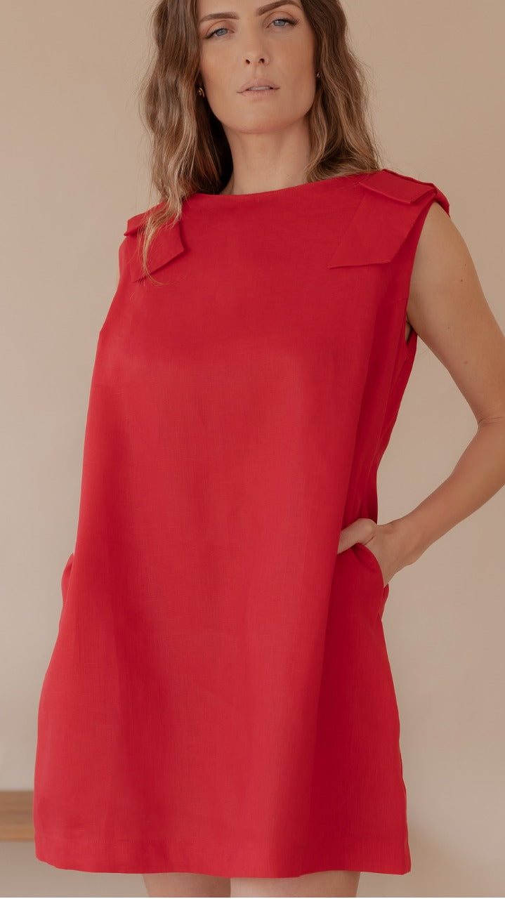 Vestido Beatriz 100% LINHO Cereja