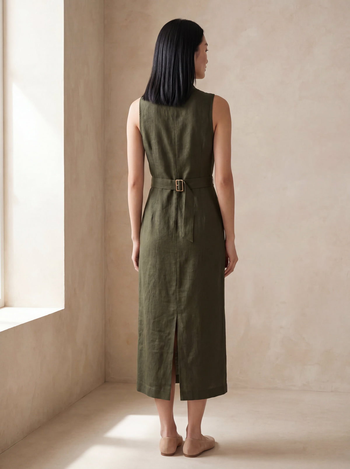 Vestido Midi Carol Verde Militar — Costas 01 #Cor_Verde Militar