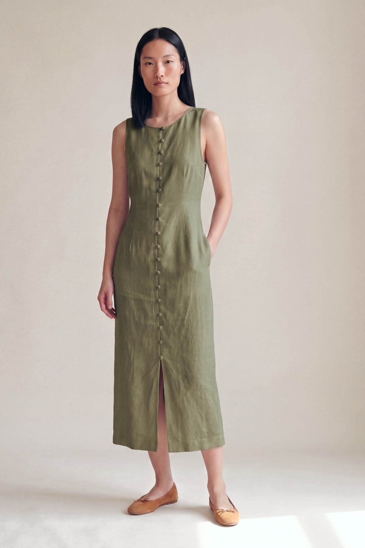 Vestido Midi Carol Verde Militar — Frente
