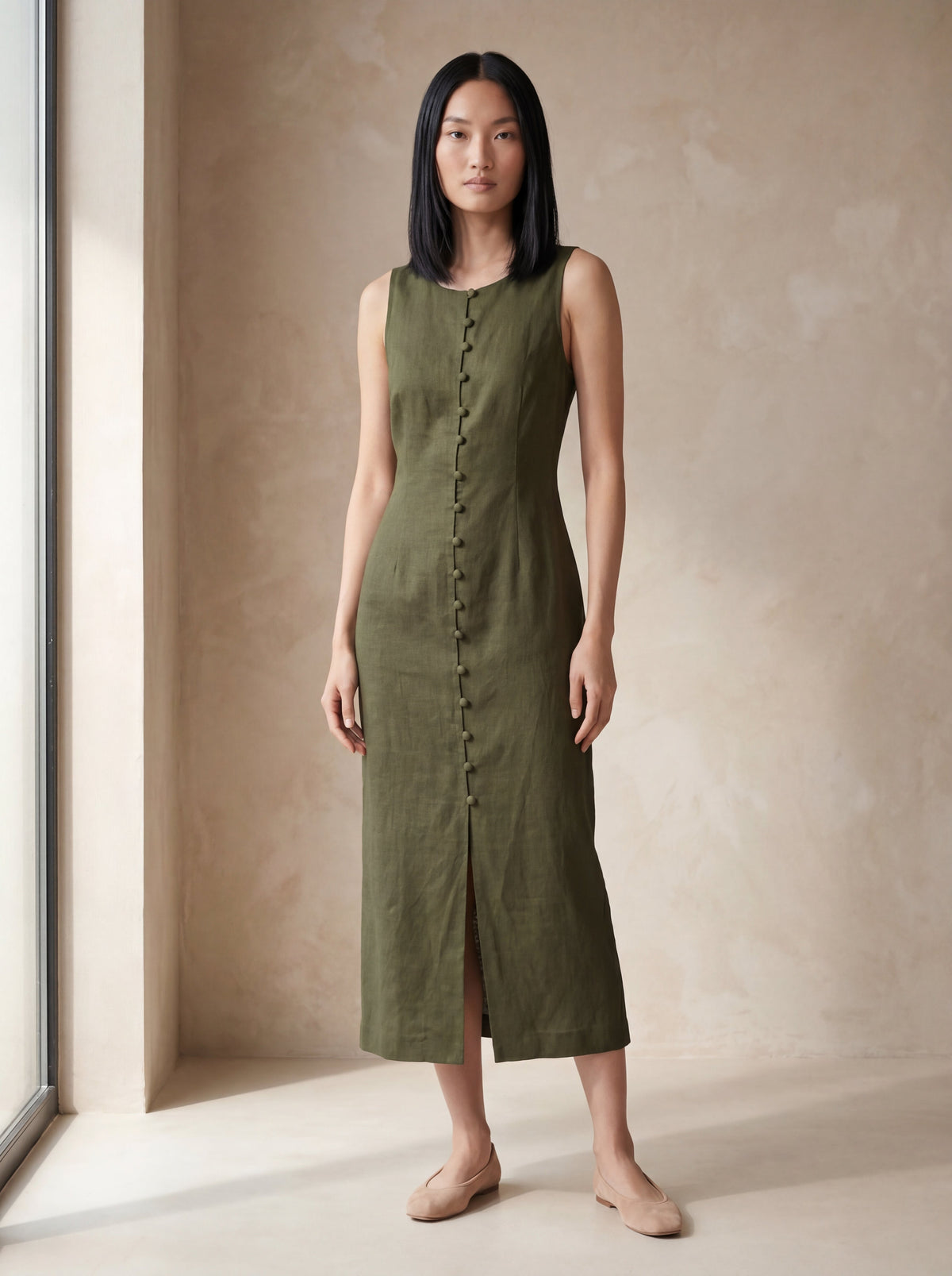 Vestido Midi Carol Verde Militar — Frente 02 #Cor_Verde Militar