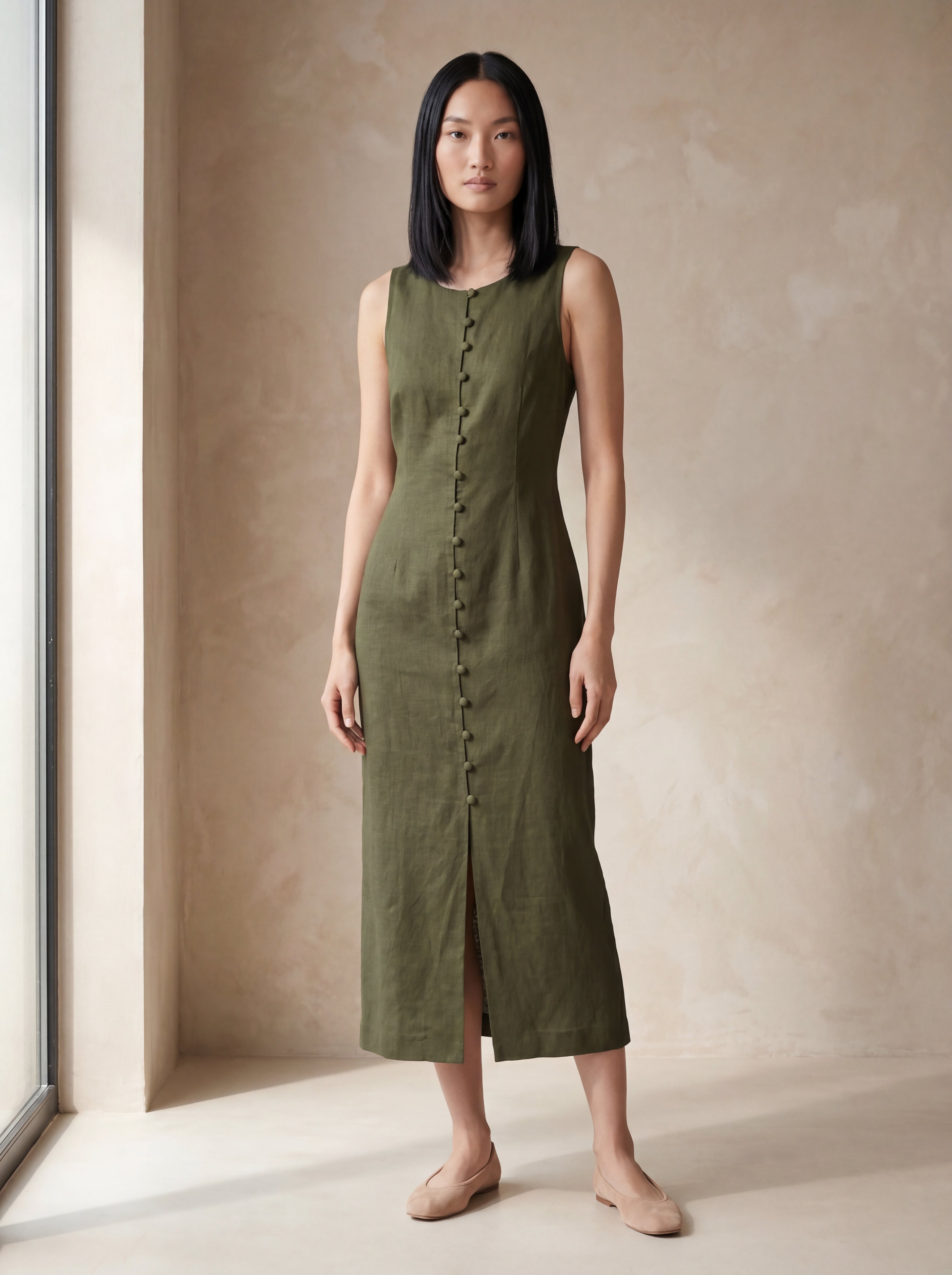 Vestido Midi Carol Verde Militar — Frente 02 #Cor_Verde Militar