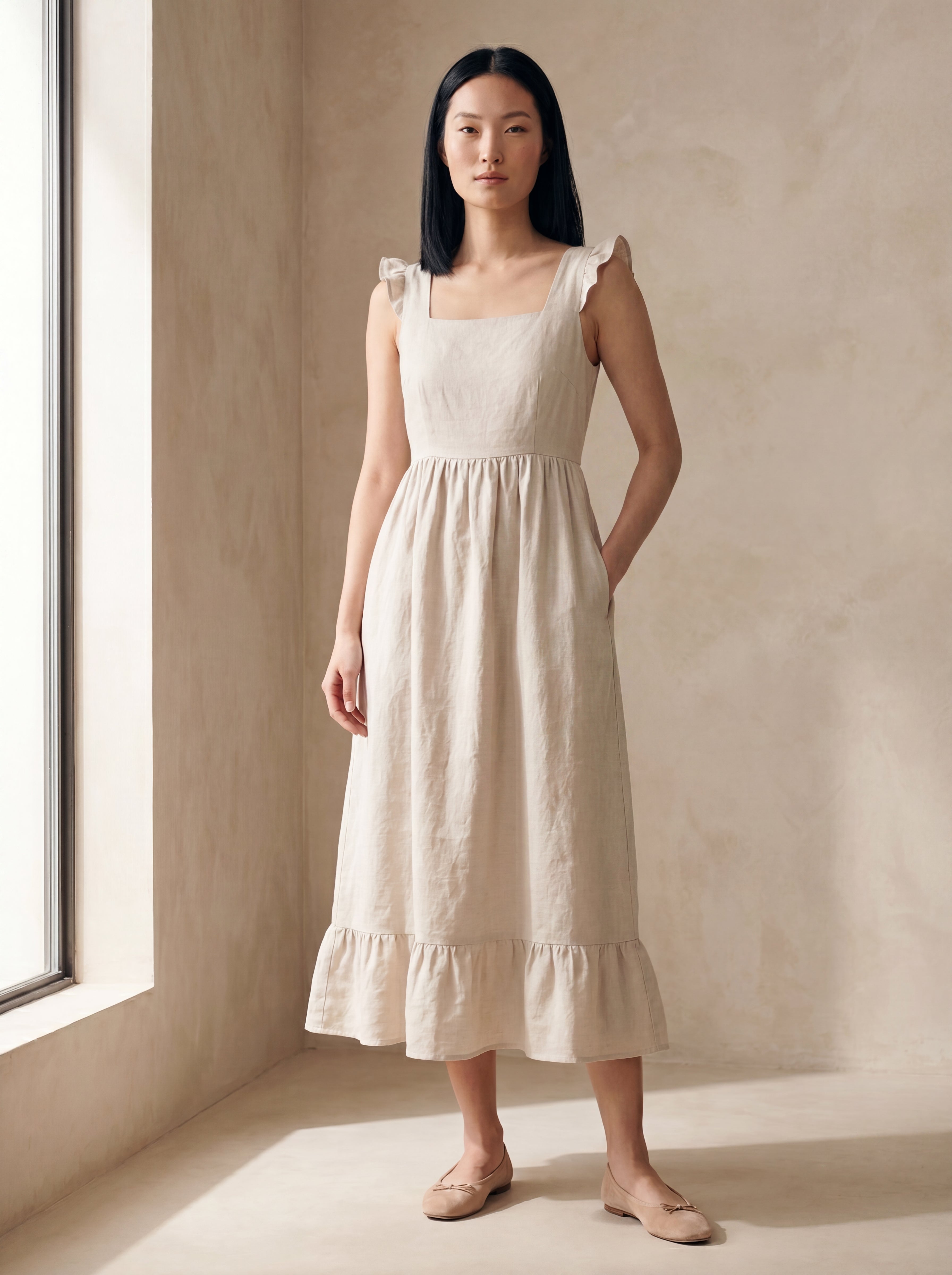 Vestido Midi Luiza Cru — Frente 01 #Cor_Cru