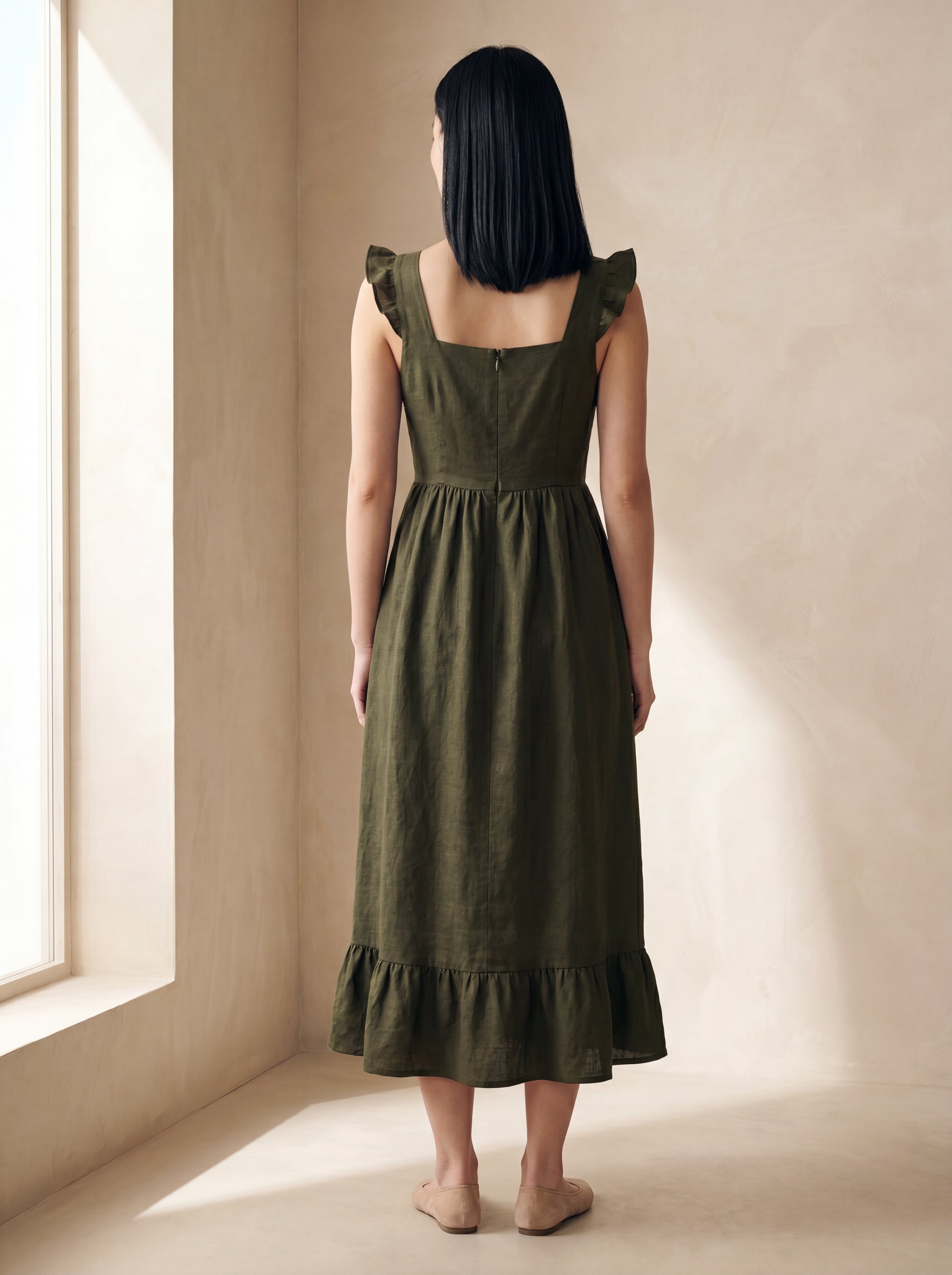 Vestido Midi Luiza Verde Militar — Costas 01 #Cor_Verde Militar