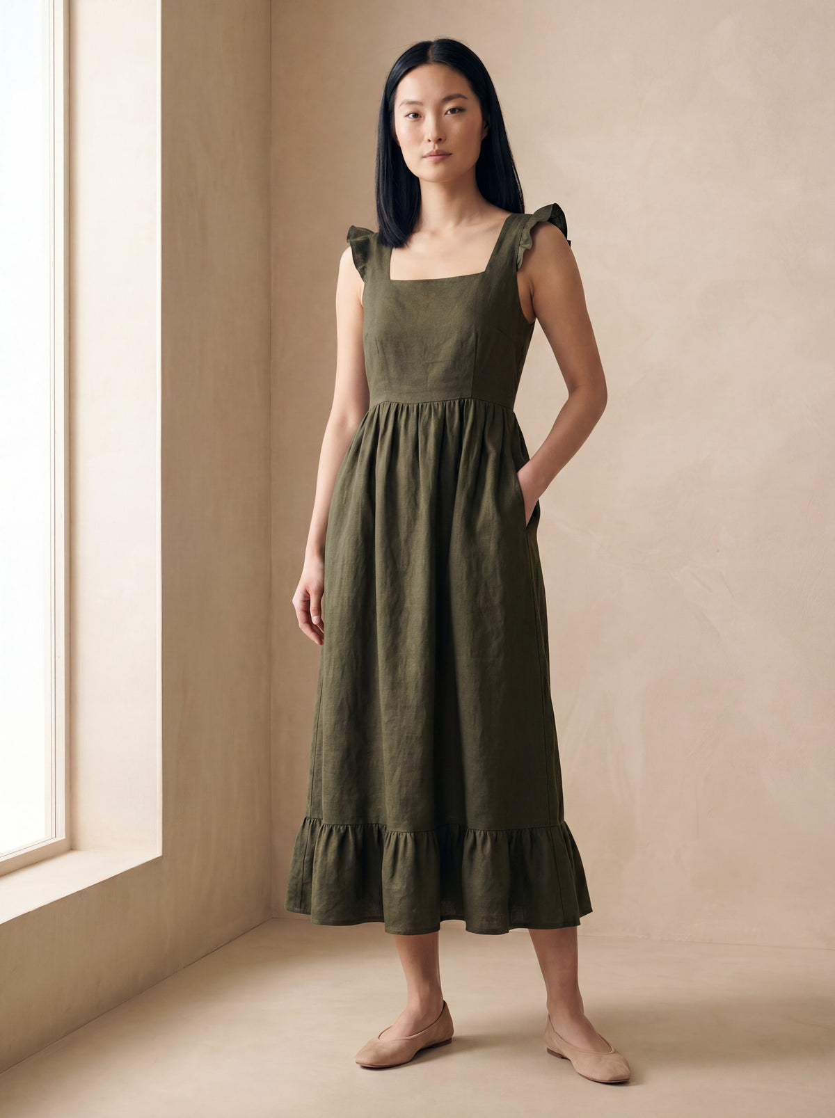 Vestido Midi Luiza Verde Militar — Frente 01 #Cor_Verde Militar