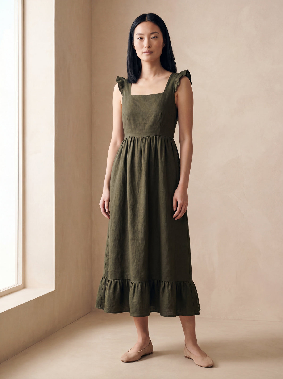 Vestido Midi Luiza Verde Militar — Frente 02 #Cor_Verde Militar