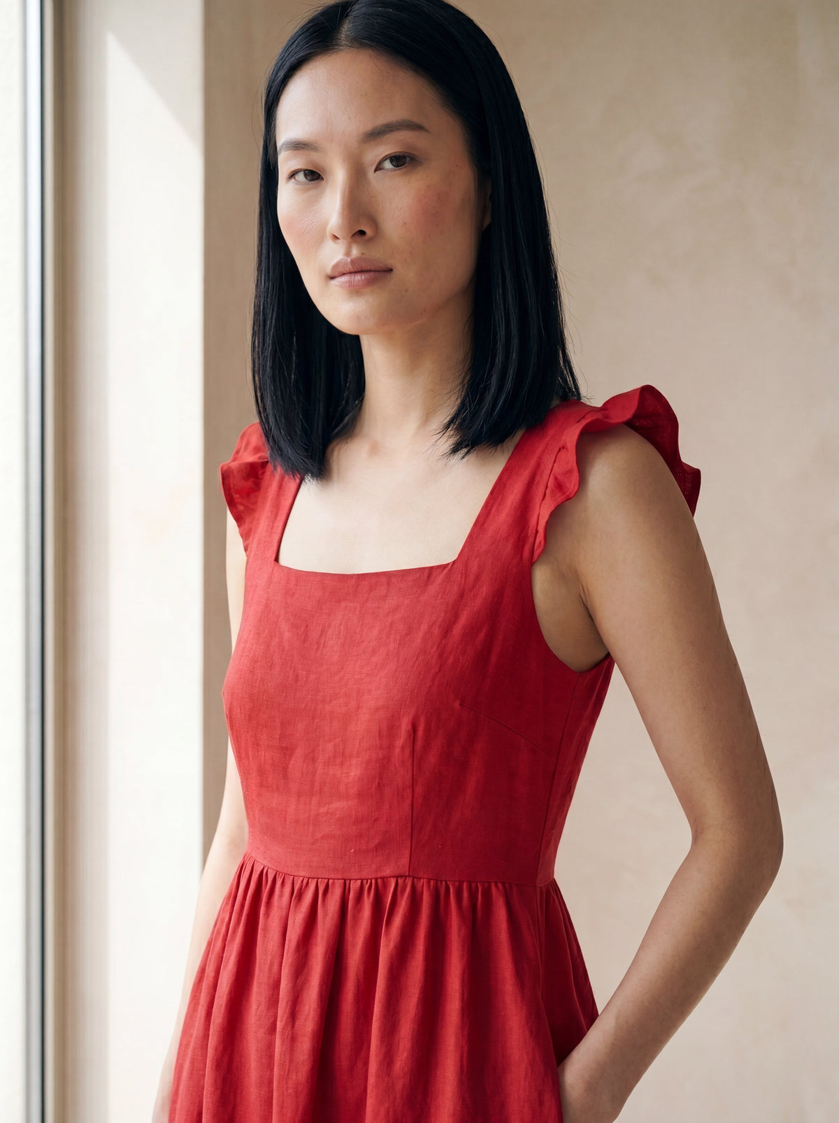 Vestido Midi Luiza Vermelho — Detalhe 01 #Cor_Vermelho