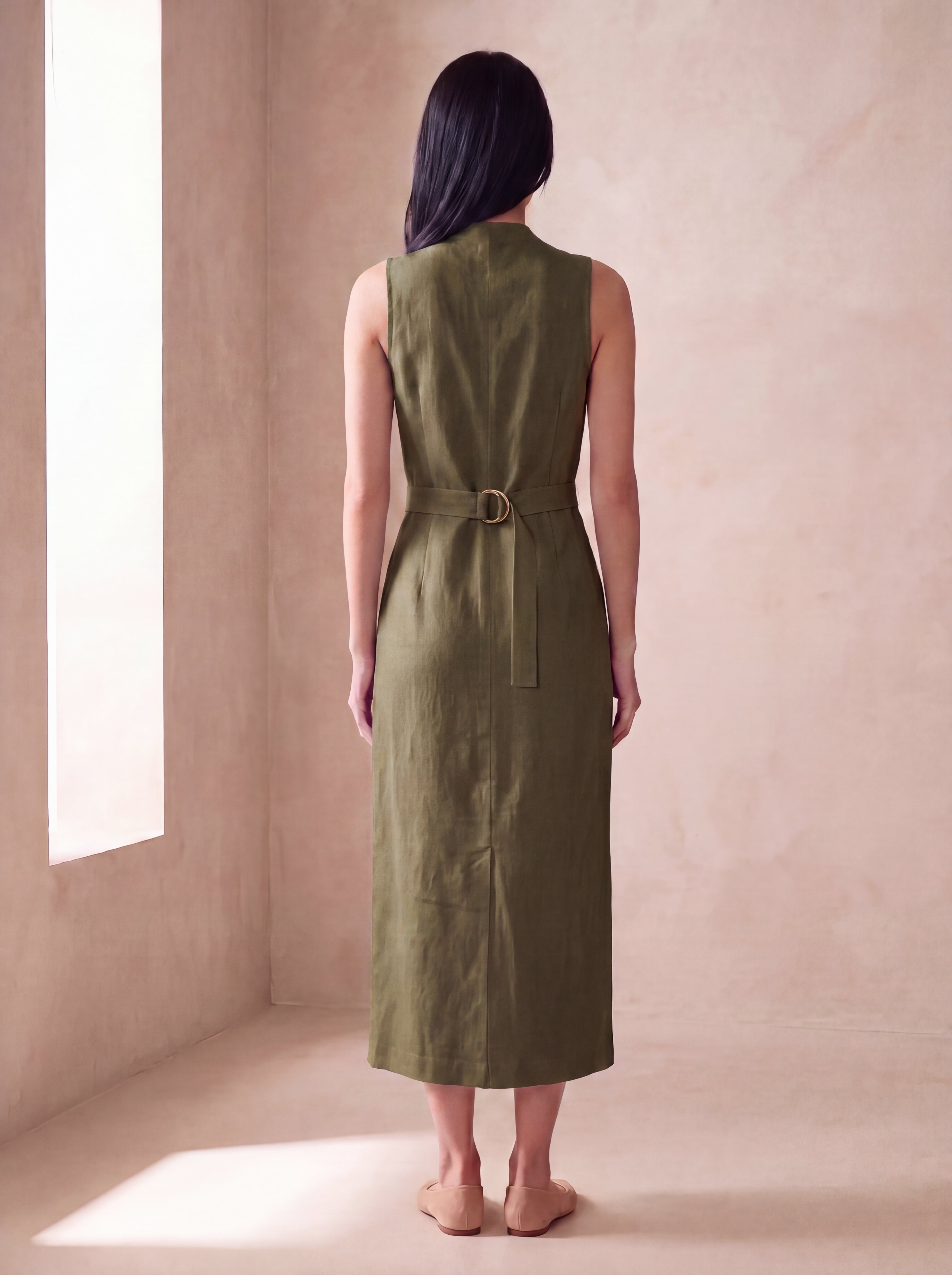 Vestido Midi Carol Verde Militar — Costas 01 #Cor_Verde Militar