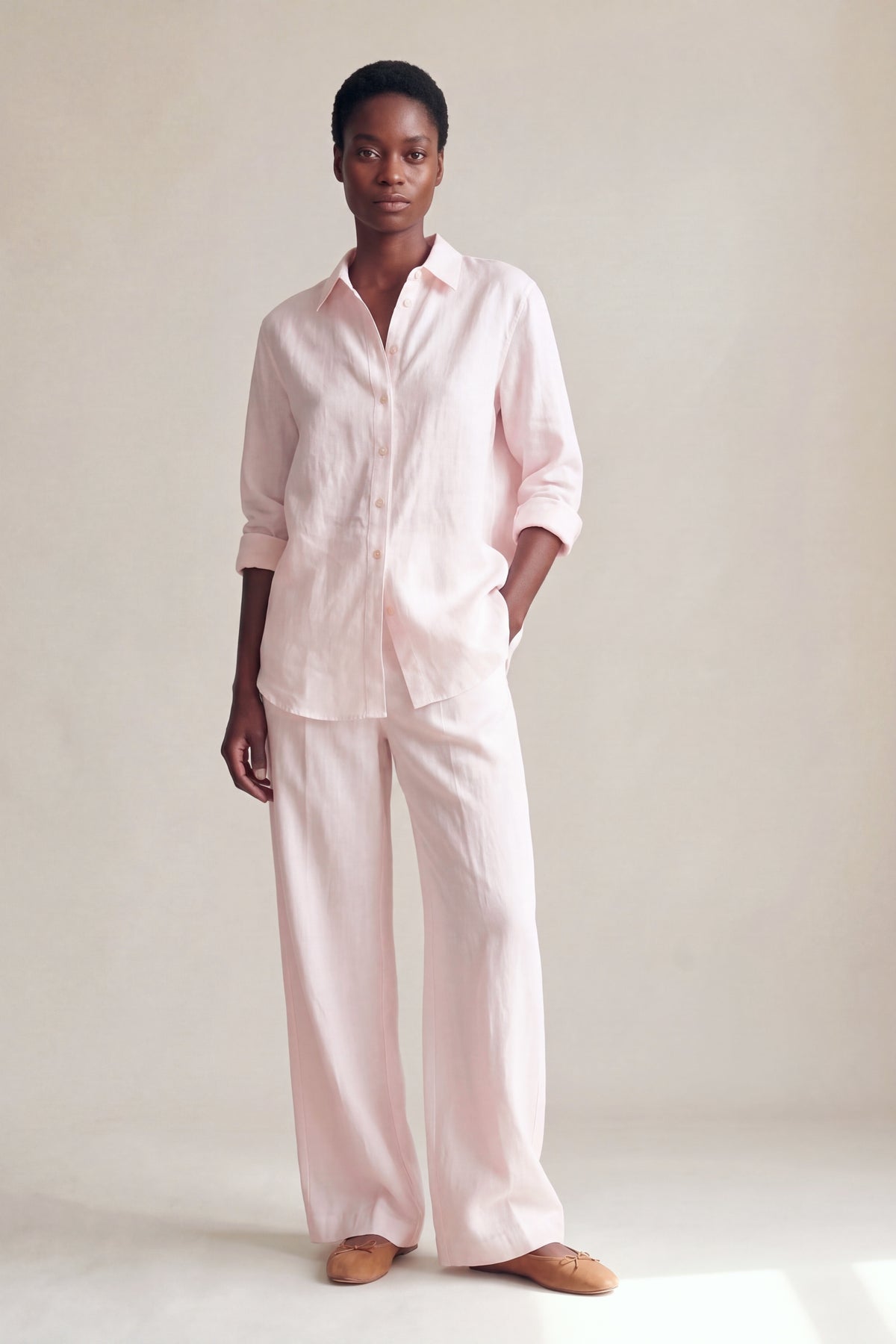 Conjunto Camisa Edi e Calça Camila Linho Puro · 2 peças Rosa Bebê — Frente #Cor_Rosa Bebê