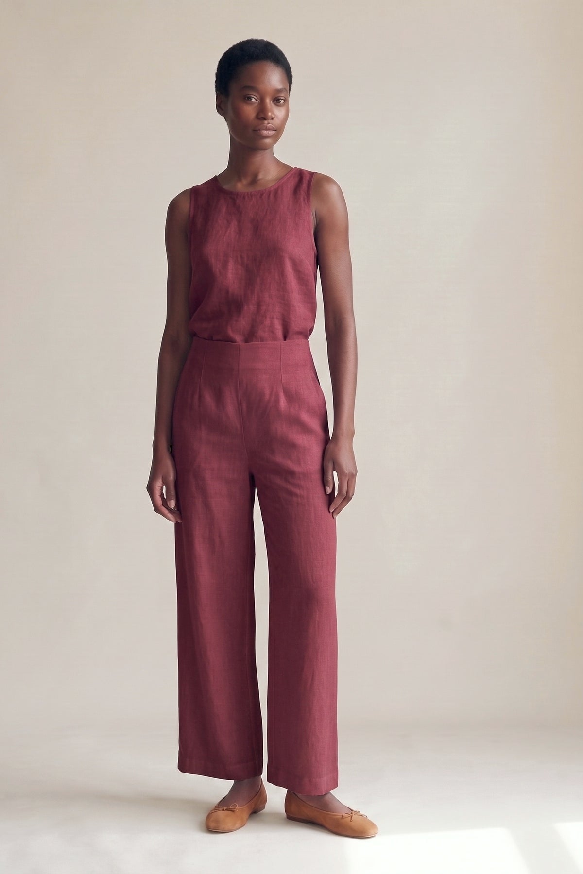 Calça Marina Linho Puro Marsala — Frente #Cor_Marsala
