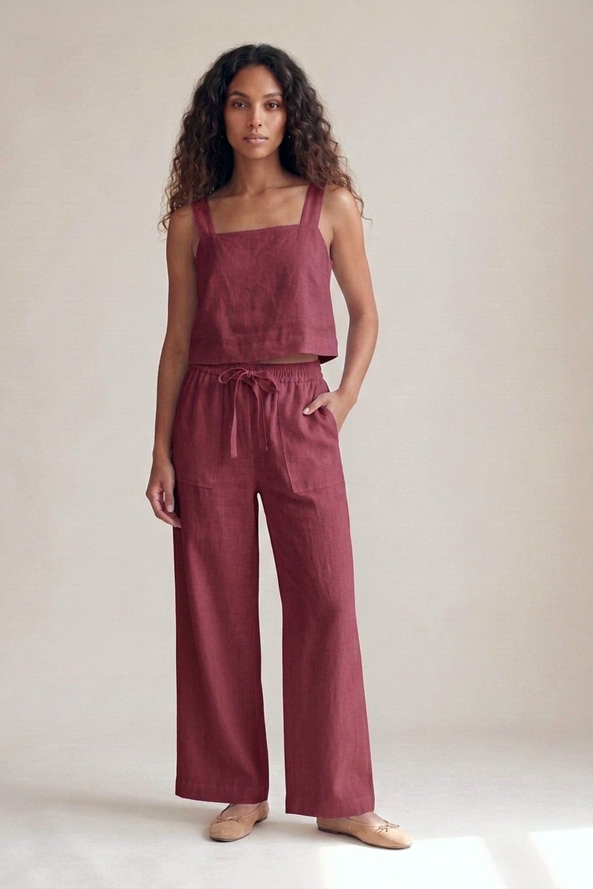 Calça Sandra Linho Puro Marsala — Frente