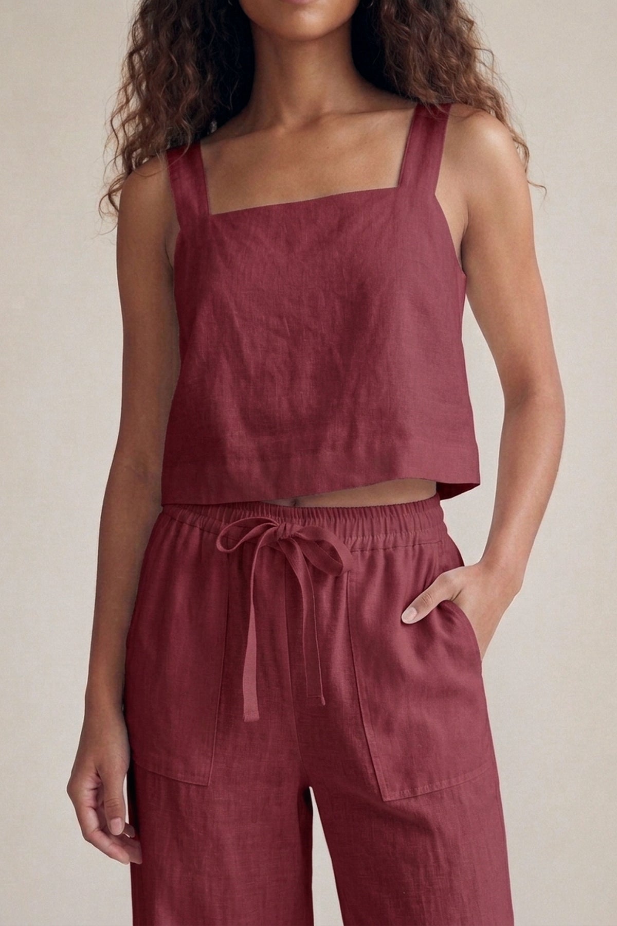 Calça Sandra Linho Puro Marsala — Detalhe