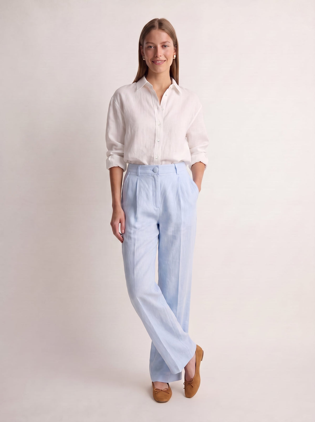 Calça Vera Linho Puro Azul Bebê — Look
