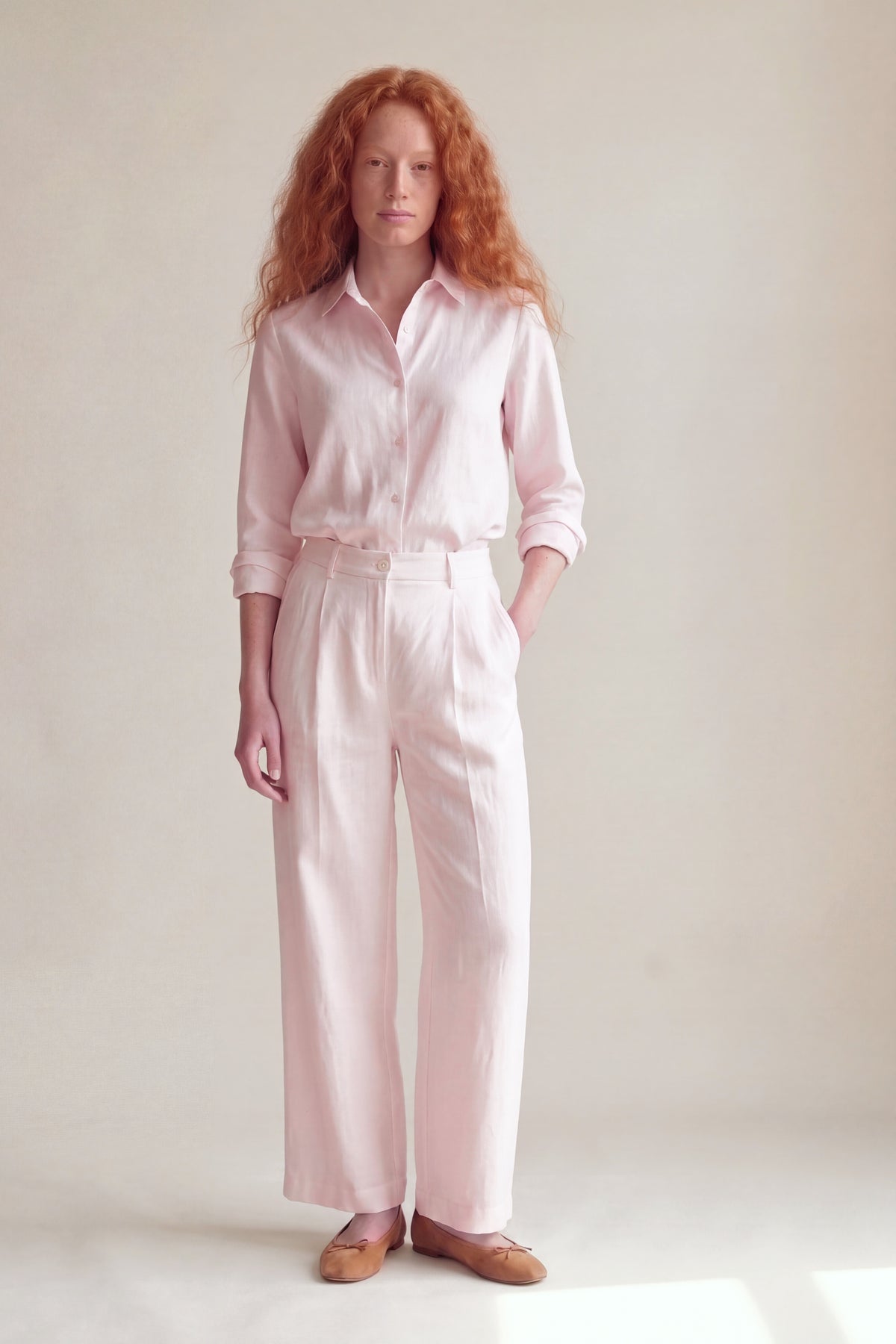 Calça Vera Linho Puro Rosa Bebê — Frente