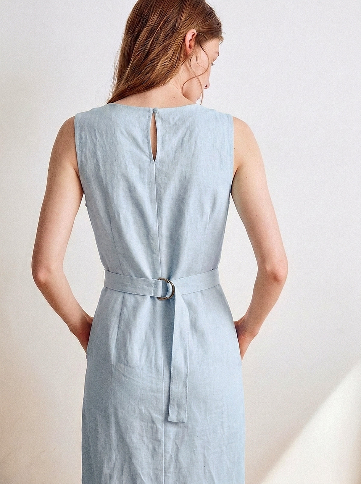 Vestido Alice Midi Linho Puro Azul Bebê — Estúdio Costas Close