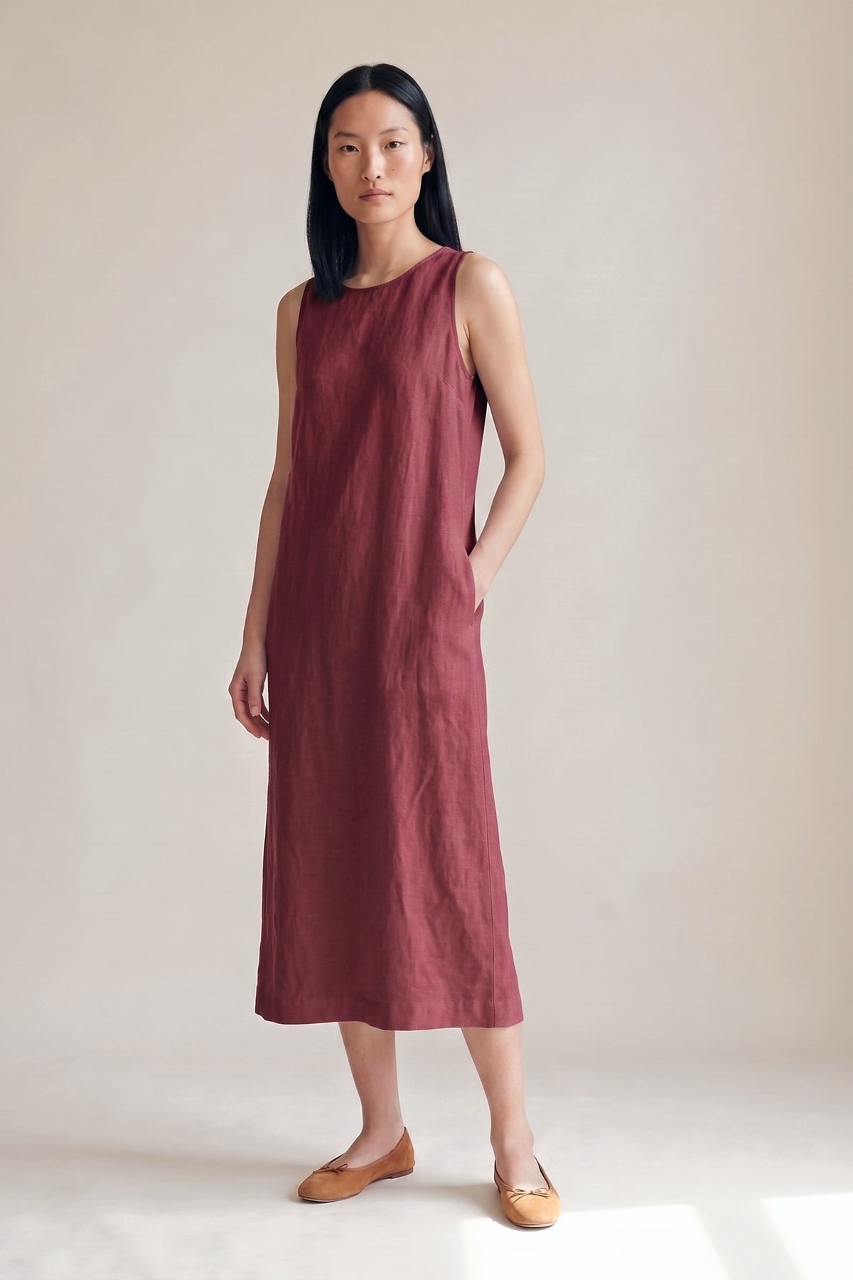 Vestido Alice Midi Linho Puro Marsala — Frente