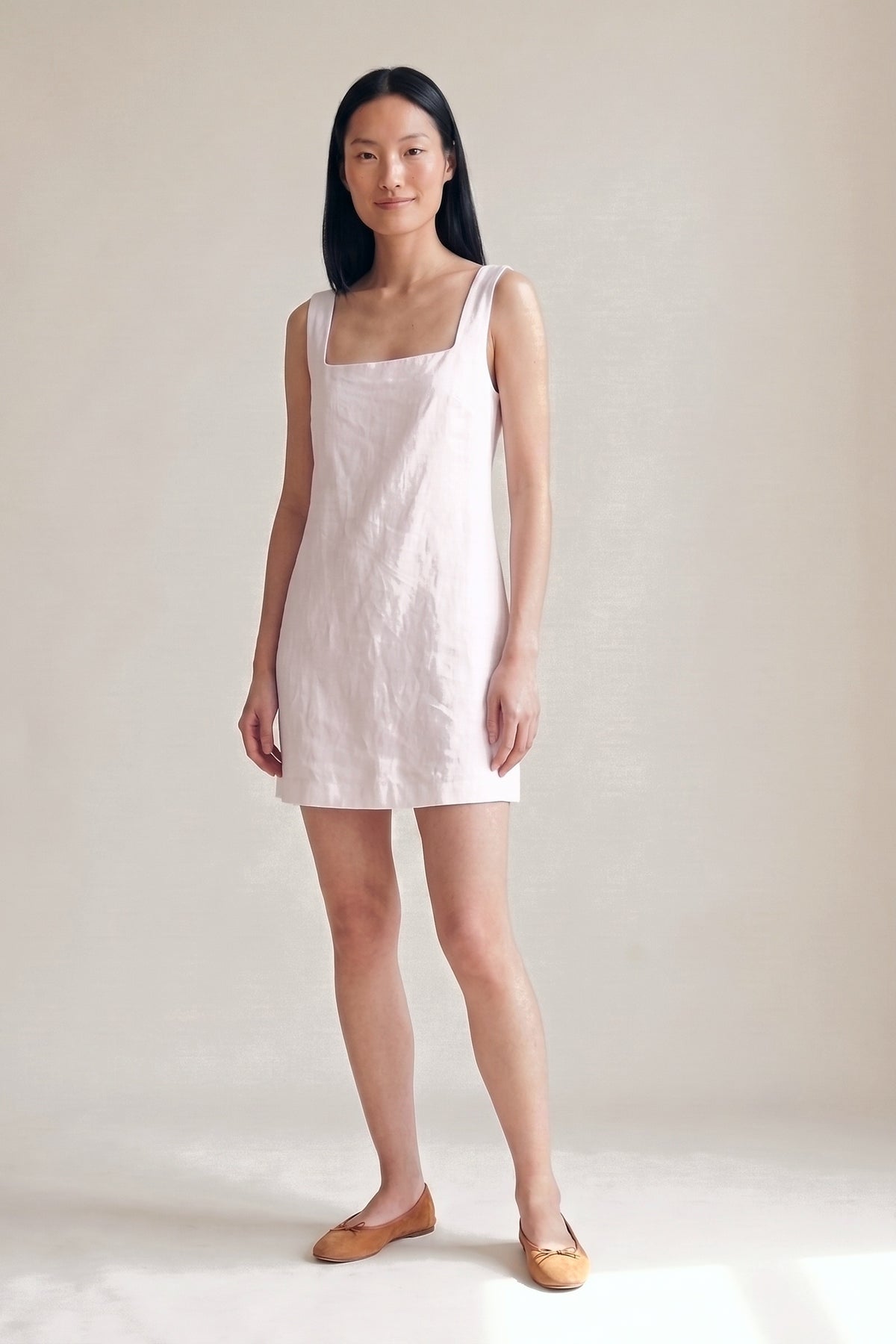 Vestido Laura Linho Puro Rosa Bebê — Frente #Cor_Rosa Bebê