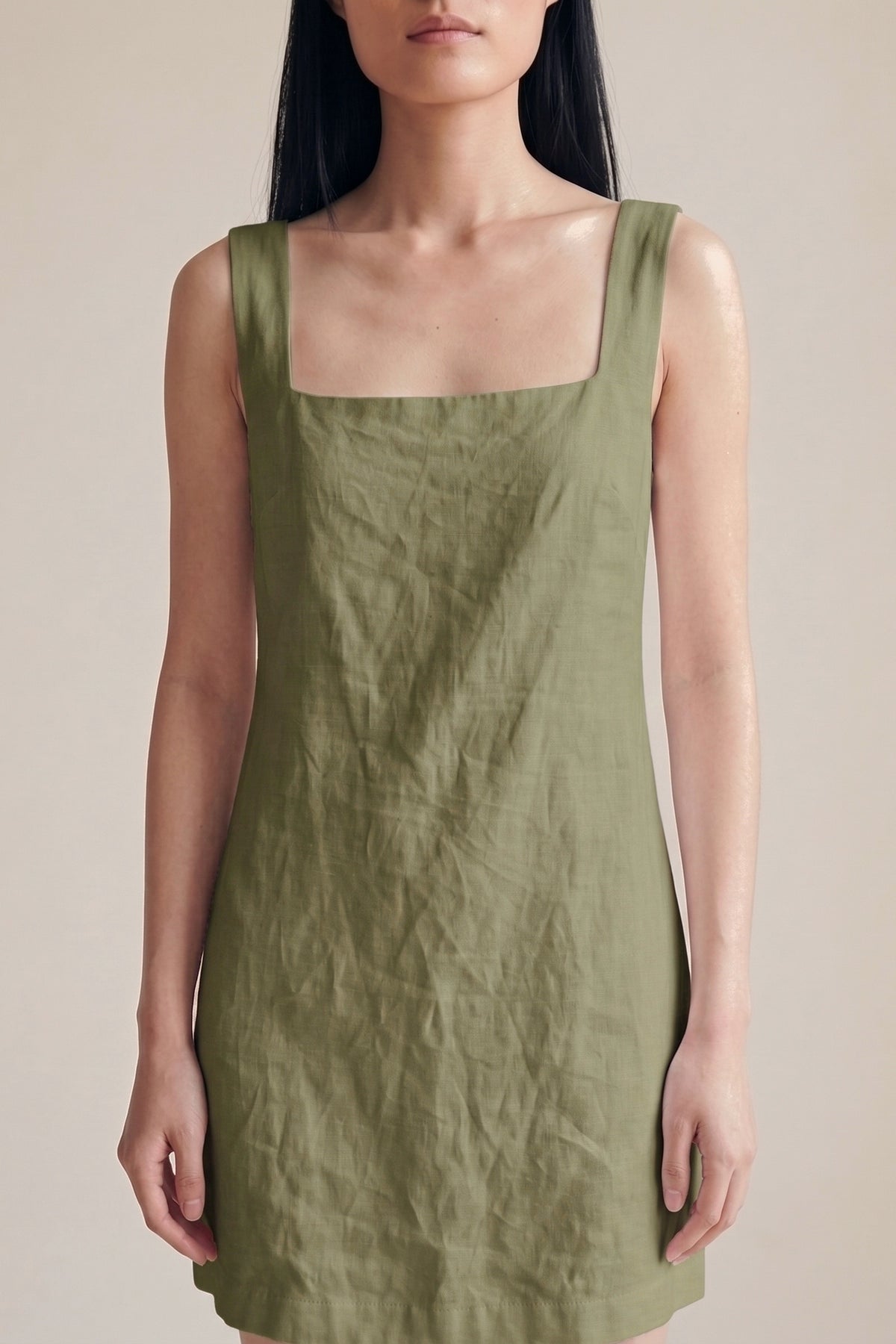Vestido Laura Linho Puro Verde Militar — Detalhe #Cor_Verde Militar