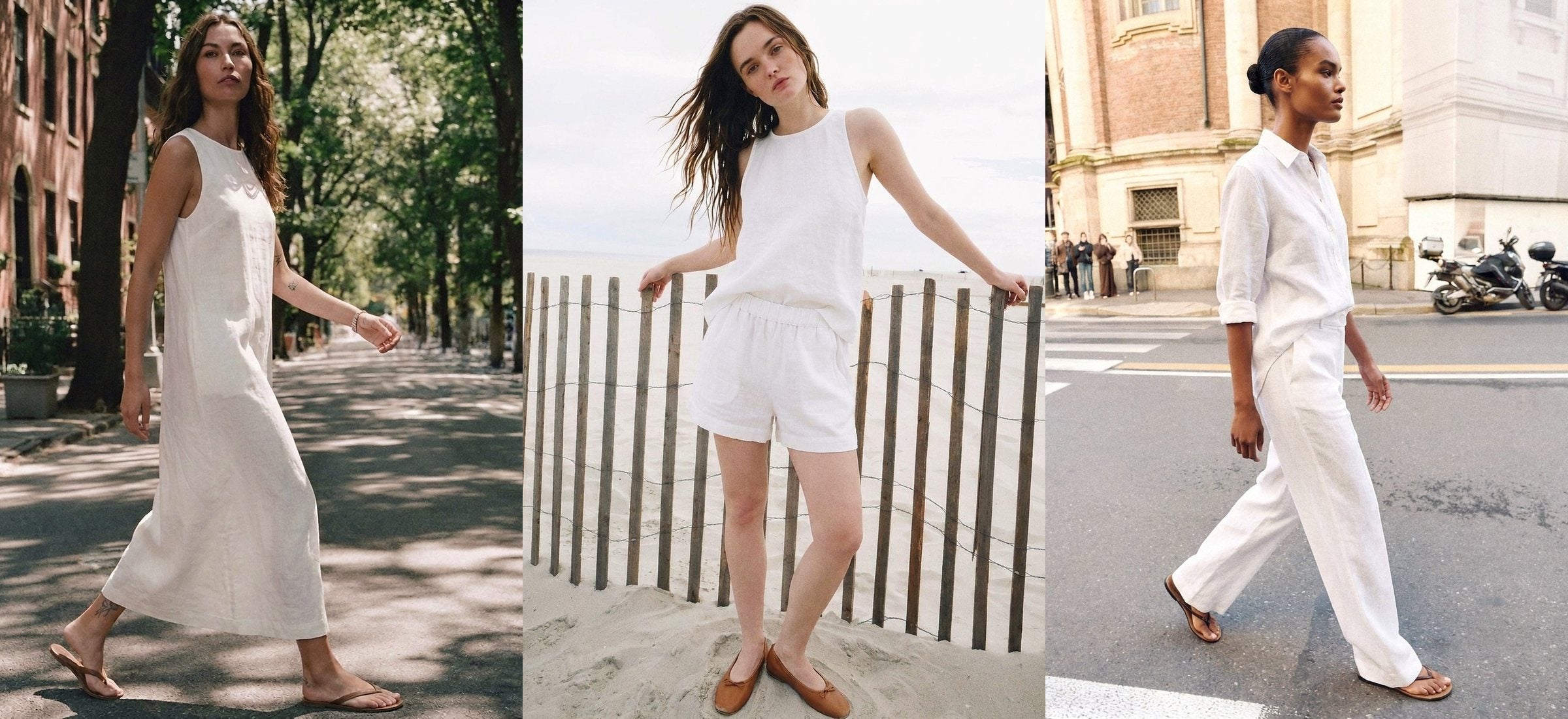 Vestido, bermuda e calça de linho branco BADDU